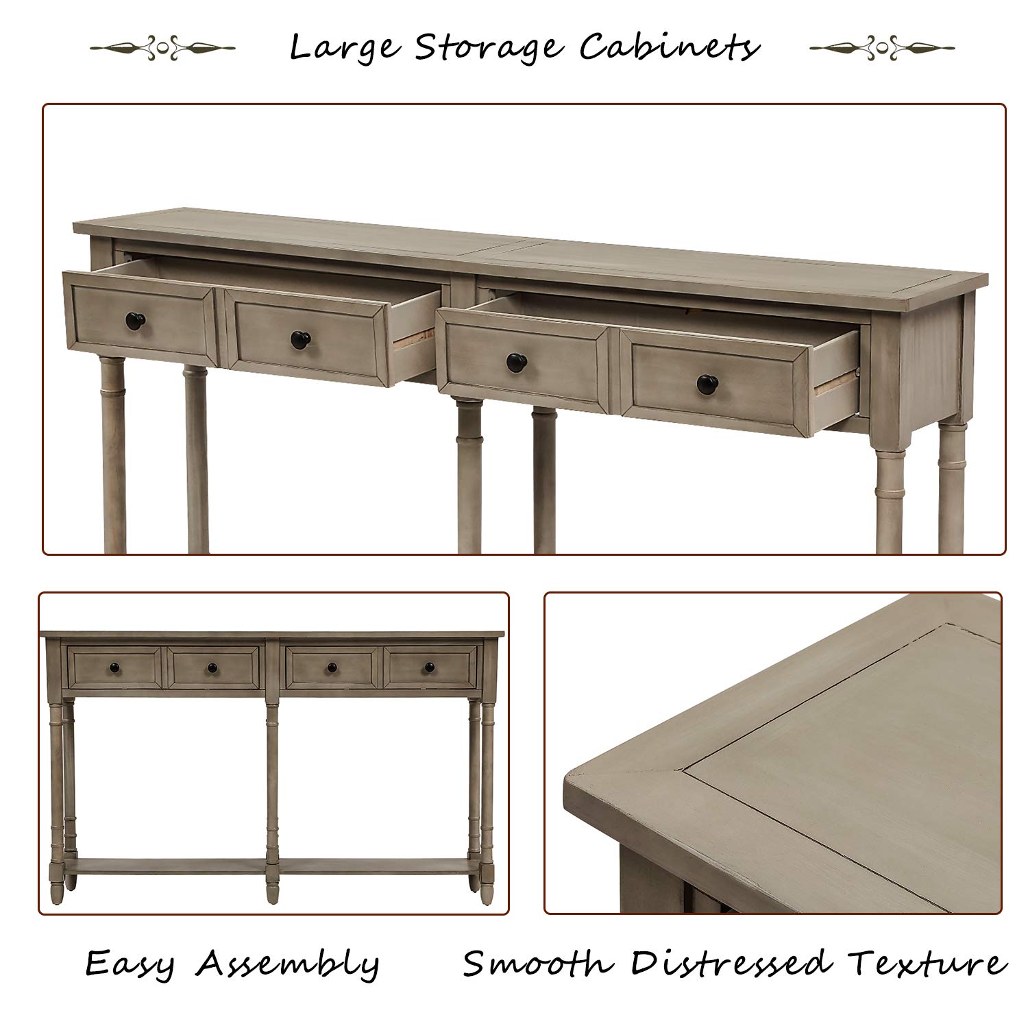 Rustic Console Table with 2 Large Drawers & Bottom Shelf - Entryway Sofa Table, Buffet Sideboard with Ample Storage - Grey Wash Finish | Perfect for Hallway, Living Room & Dining Room Decor