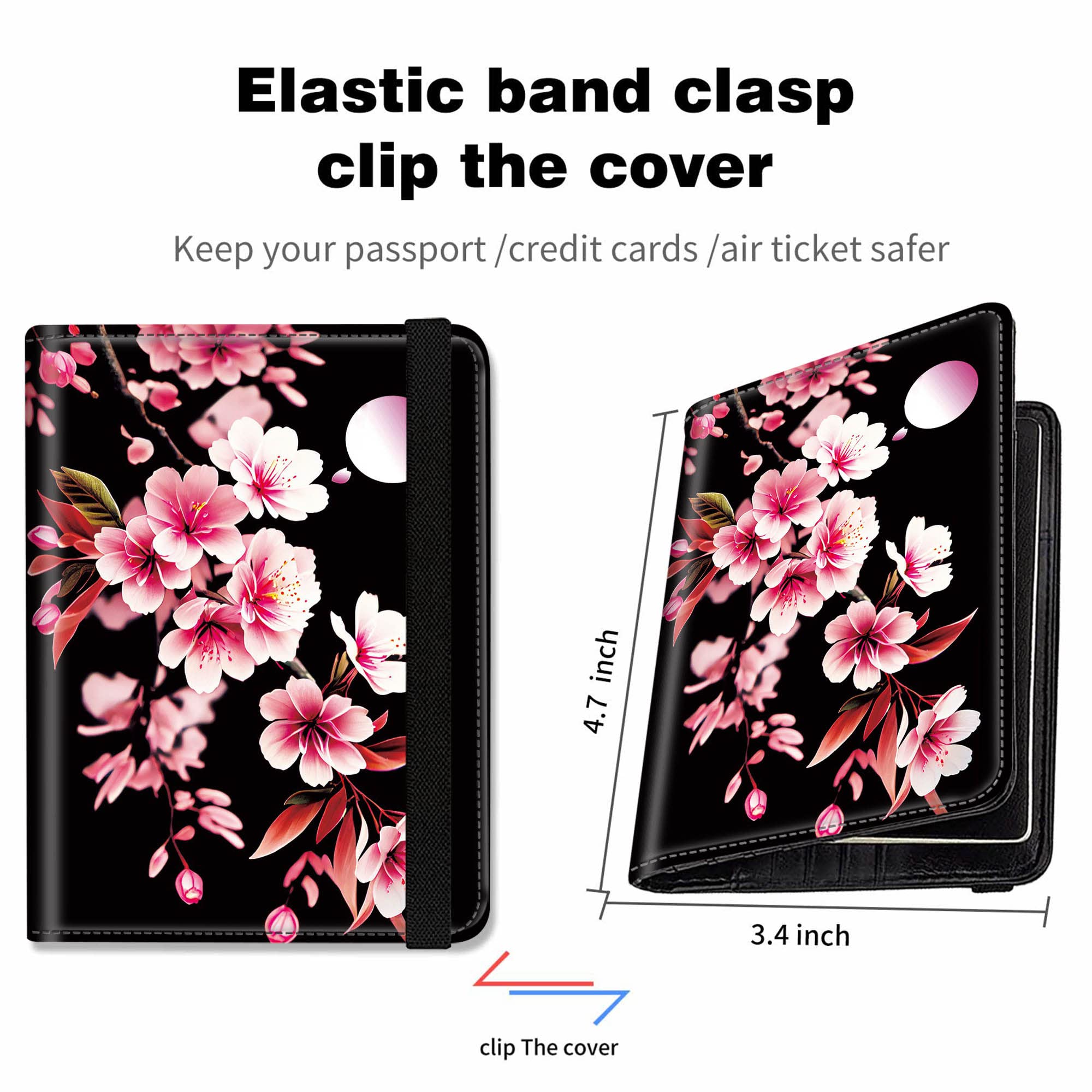 RFID Blocking Passport & Vaccine Card Holder - Sakura Cherry Blossom Moon Design Leather Wallet with Vaccination Card Slot | Travel Essentials for International Trips & Health Documentation Protection