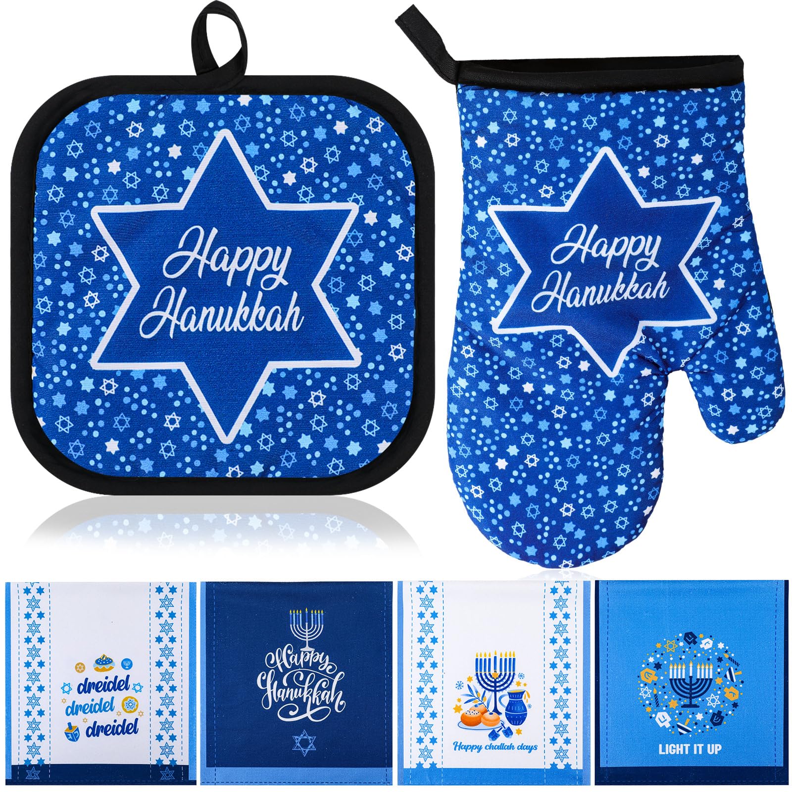 6 Pcs Hanukkah Hostess Gift Set - 4 Kitchen Towels, Pot Holder & Oven Mitt - Chanukah Kitchen Decor & Cooking Accessories for Women - Perfect for Hanukkah Parties, Holiday Cooking & Hostess Gifting