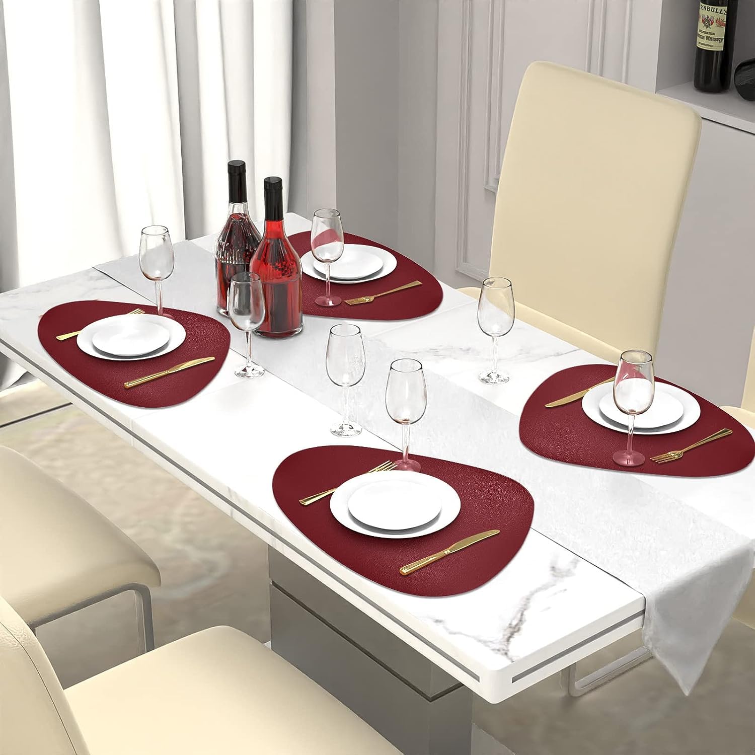 Premium Herda Burgundy Leather Placemats Set of 4 - Wine Red Washable Table Mats for Dining Table, Kitchen, Patio | Easy to Clean, Durable & Stylish | Perfect for Holiday Decor, Christmas Dinner, and Everyday Use