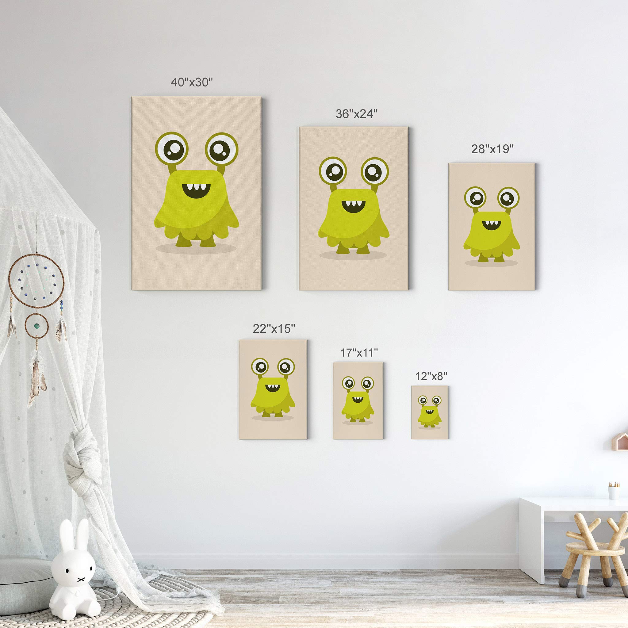 Green Monster Canvas Wall Art - 40x30 Inch Kids Room Decor, Nursery Decor, Baby Room Decor - Ready to Hang, Made in USA | Playful Smile Art Design for Children's Bedroom & Playroom