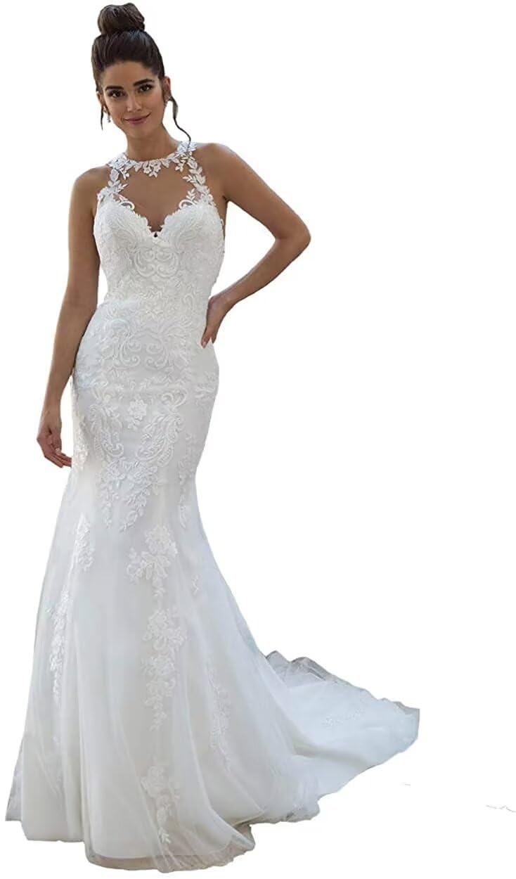 Elegant Halter Neck Mermaid Wedding Dress for Bride - Sleeveless Lace Applique Formal Gown for Prom, Evening, and Special Occasions