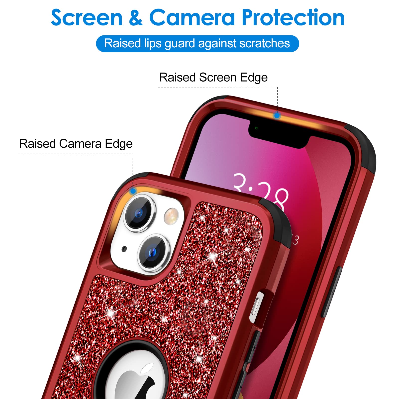 Hython Glitter iPhone 13 Case - Sparkly Shiny Bling Protective Cover with 3-in-1 Hybrid Design (Hard PC + Soft TPU) | Shockproof Full Body Protection for Women & Girls | Perfect for Everyday Use, Parties & Gifts (Red)