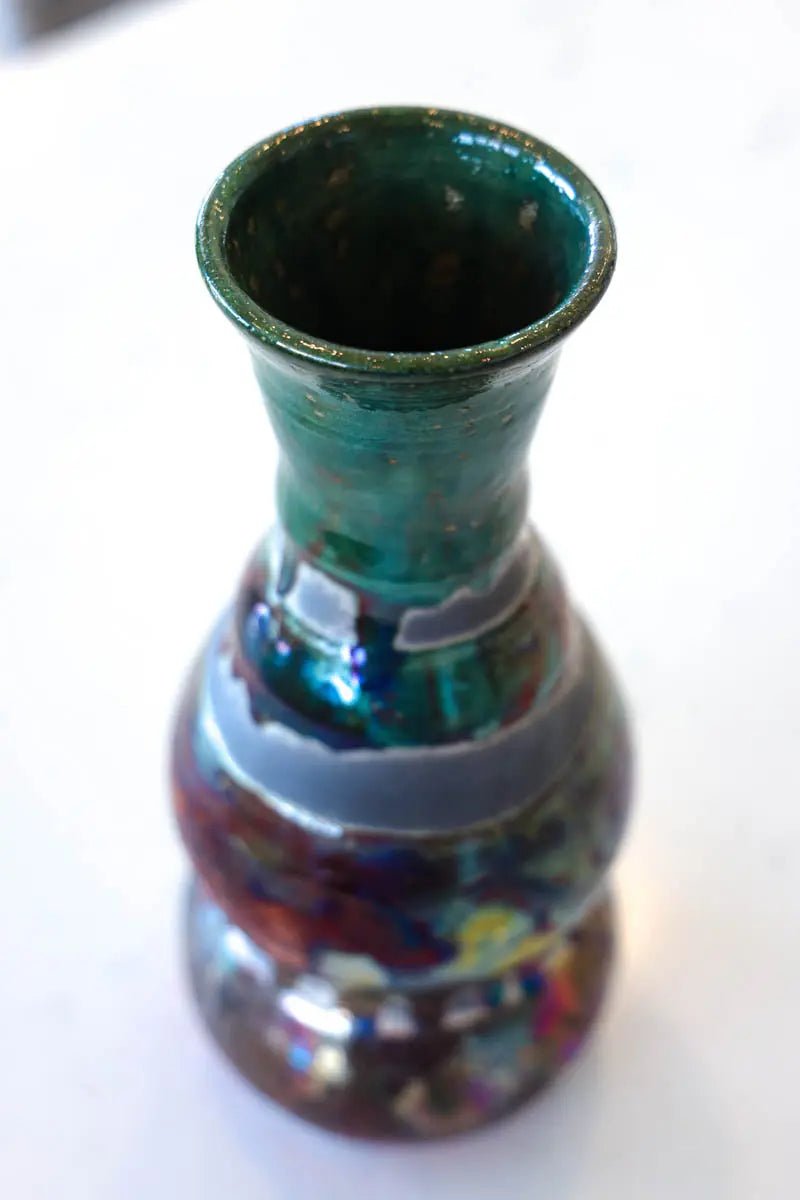 XL Raku Fired Tall Decorative Pot - Handcrafted Ceramic Planter in Black, Green & Copper Finishes - Perfect for Indoor Plants, Home Decor & Garden Accents