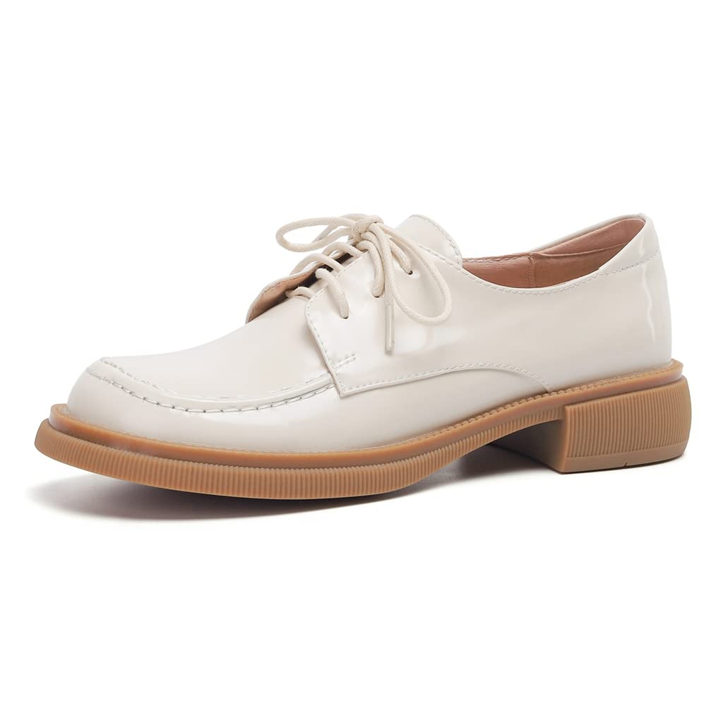 Women's Classic Lace-Up Oxford Shoes - Patent Leather Round Toe Flats with Low Heel - Comfortable Slip-On Loafers for Work, Office & Formal Occasions