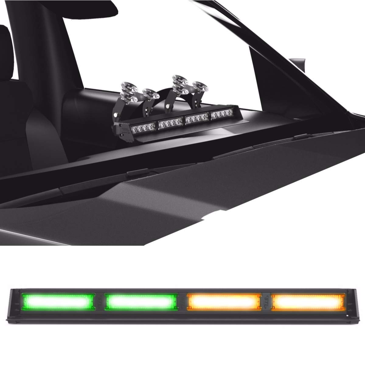 SpeedTech Lights Striker 4-Head High Intensity LED Strobe Light Bar - Emergency Vehicle Warning Lights with TIR Optics, Windshield/Dash Mount & Cigarette Lighter Plug (Amber/Green) for Police Cars, Tow Trucks & Roadside Safety