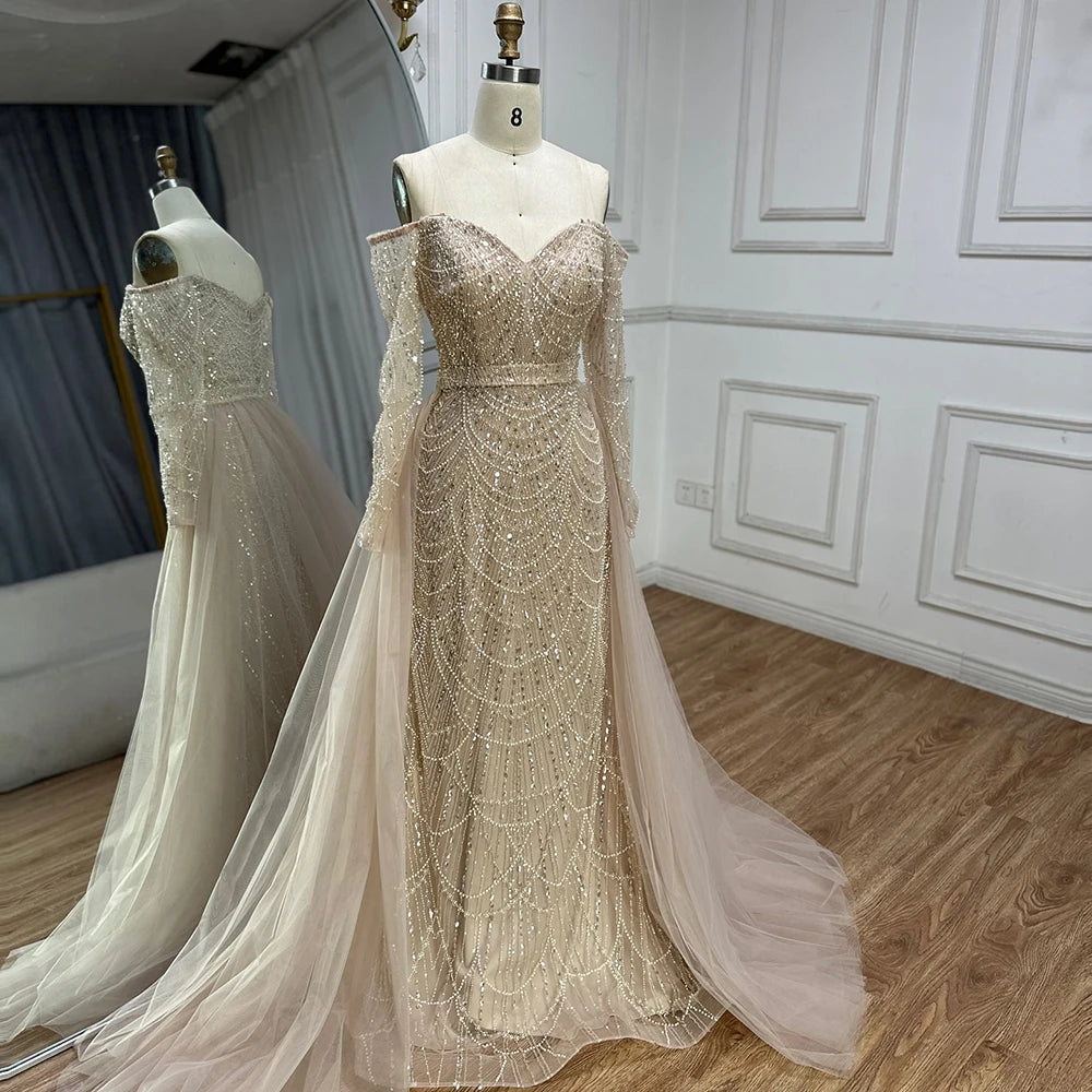 Luxury Dubai Nude Mermaid Evening Gown with Beaded Detachable Skirt - Formal Dress for Weddings, Galas & Special Occasions | LA72243A