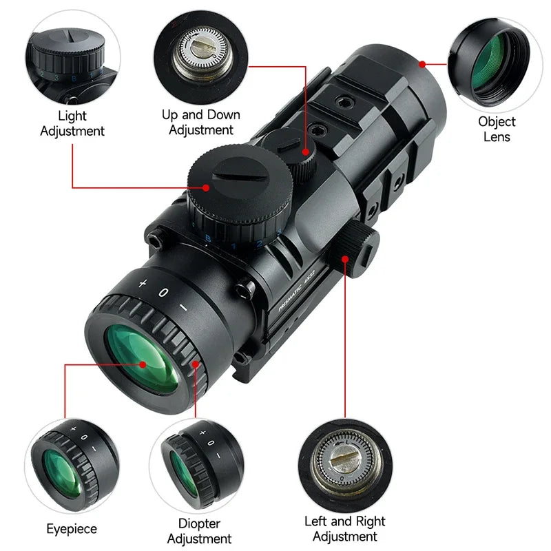 4x32 Tactical Rifle Scope with Trilateral Rail Prism - Red/Green/Blue Illuminated Crosshair Reticle - Adjustable Optic Sight for Airsoft & Hunting - Fits 20mm Picatinny Rail - Perfect for Tactical Training & Outdoor Shooting