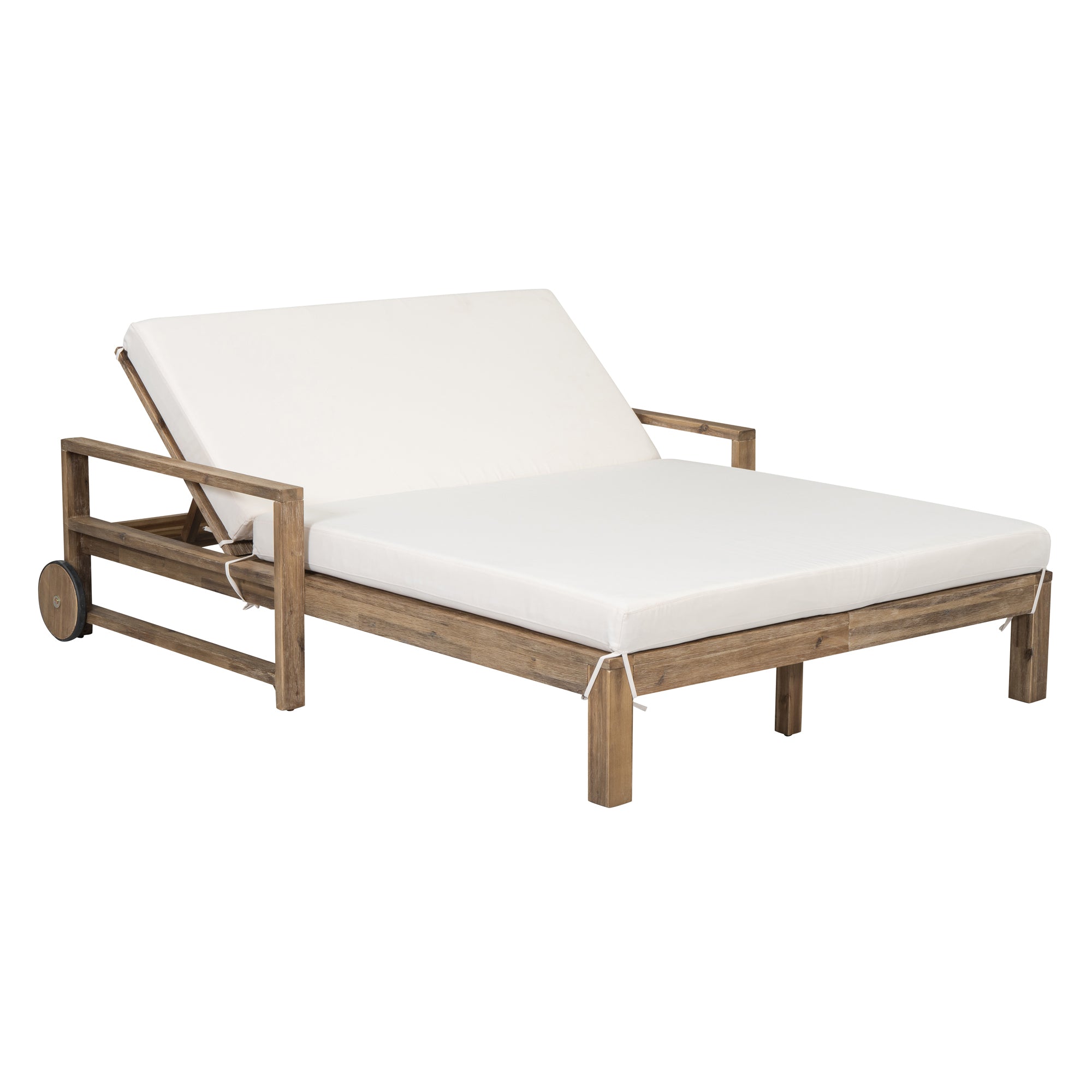 Farmhouse Style Wooden Outdoor Sunbed - 2 Person Daybed for Poolside, Garden & Backyard - Beige Patio Lounge Chair for Relaxing in Sun or Shade