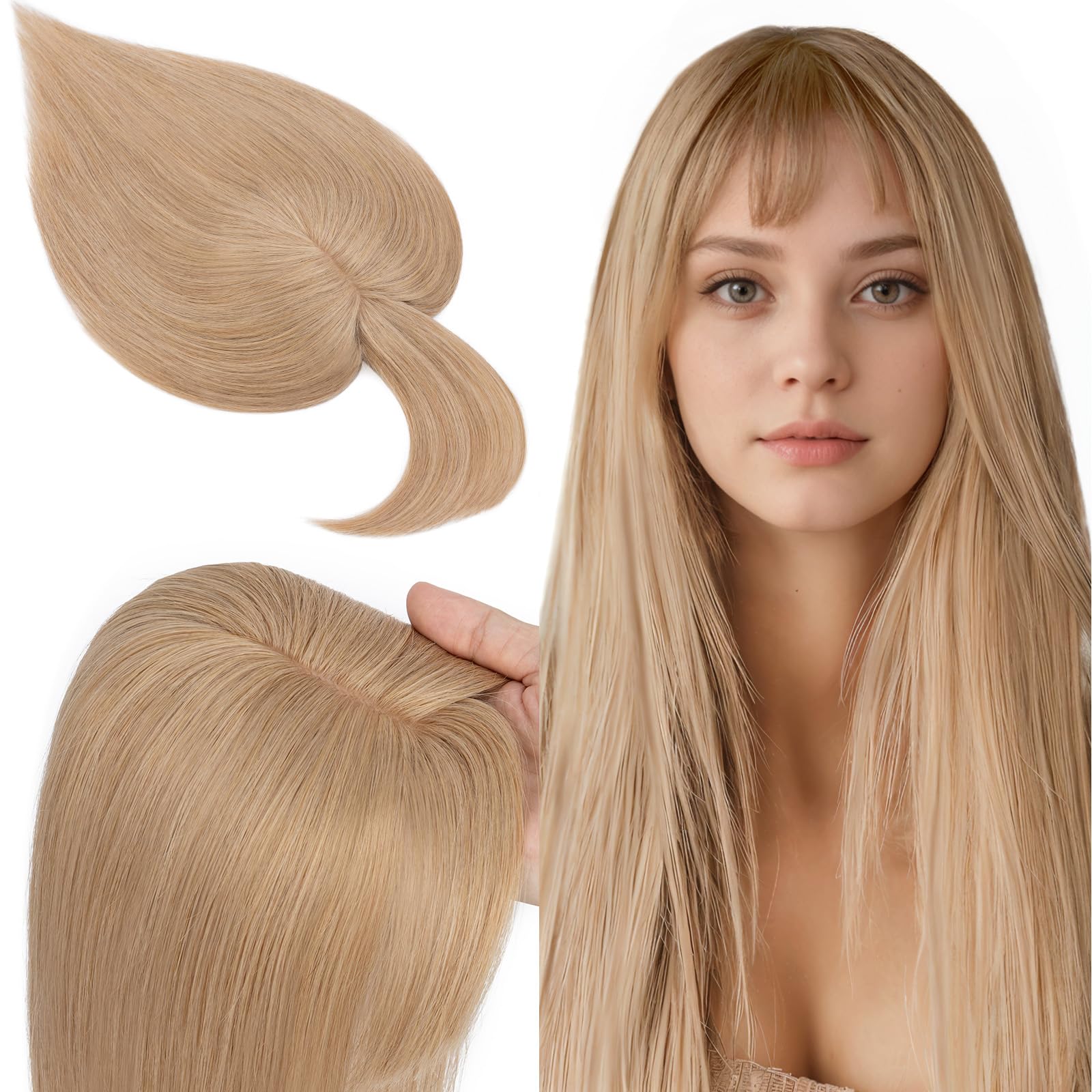 SEGO 100% Real Human Hair Toppers with Bangs - Silk Base 150% Density Clip-In Topper (2.7”x5.1”) for Women with Thinning Hair & Hair Loss - Perfect for Daily Wear, Special Occasions & Gray Hair Coverage