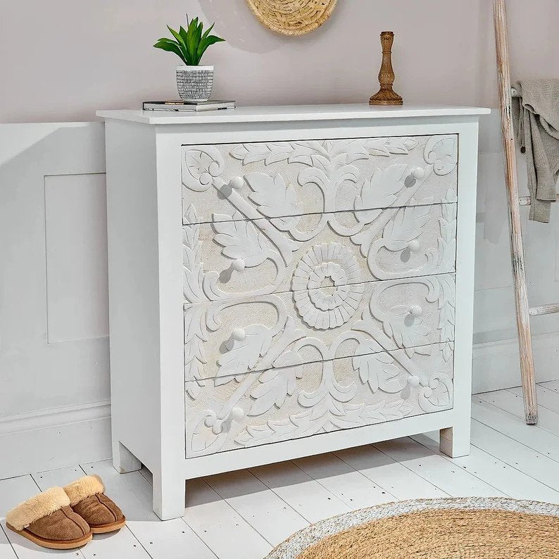 Hand Carved 4-Drawer Hardwood Dresser - Elegant Wooden Chest for Bedroom Storage | Perfect for Master Bedroom, Guest Room & Nursery Organization