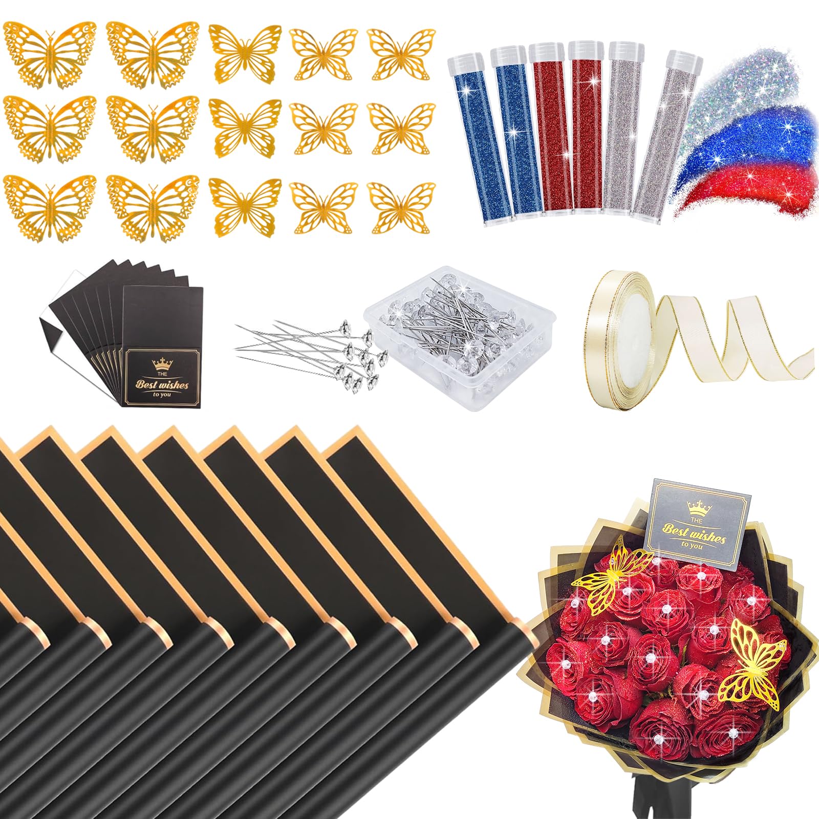 20 Sheets Waterproof Floral Wrapping Paper for Bouquets - Includes Ribbon, Glitter Pins & Butterfly Decorations - Perfect for Gift Wrapping, Wedding Flowers, Birthday Arrangements and DIY Crafts (Black)