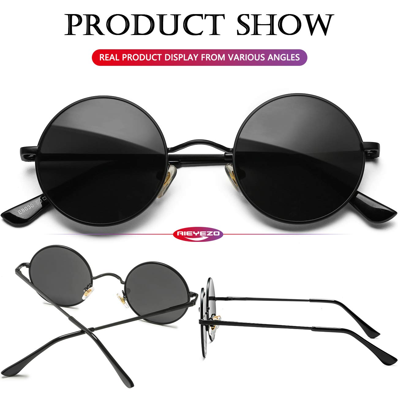 AIEYEZO Round Lennon Glasses - Polarized Sunglasses for Women & Men, Small Circle Retro Sunnies - Perfect for Driving, Beach & Outdoor Activities