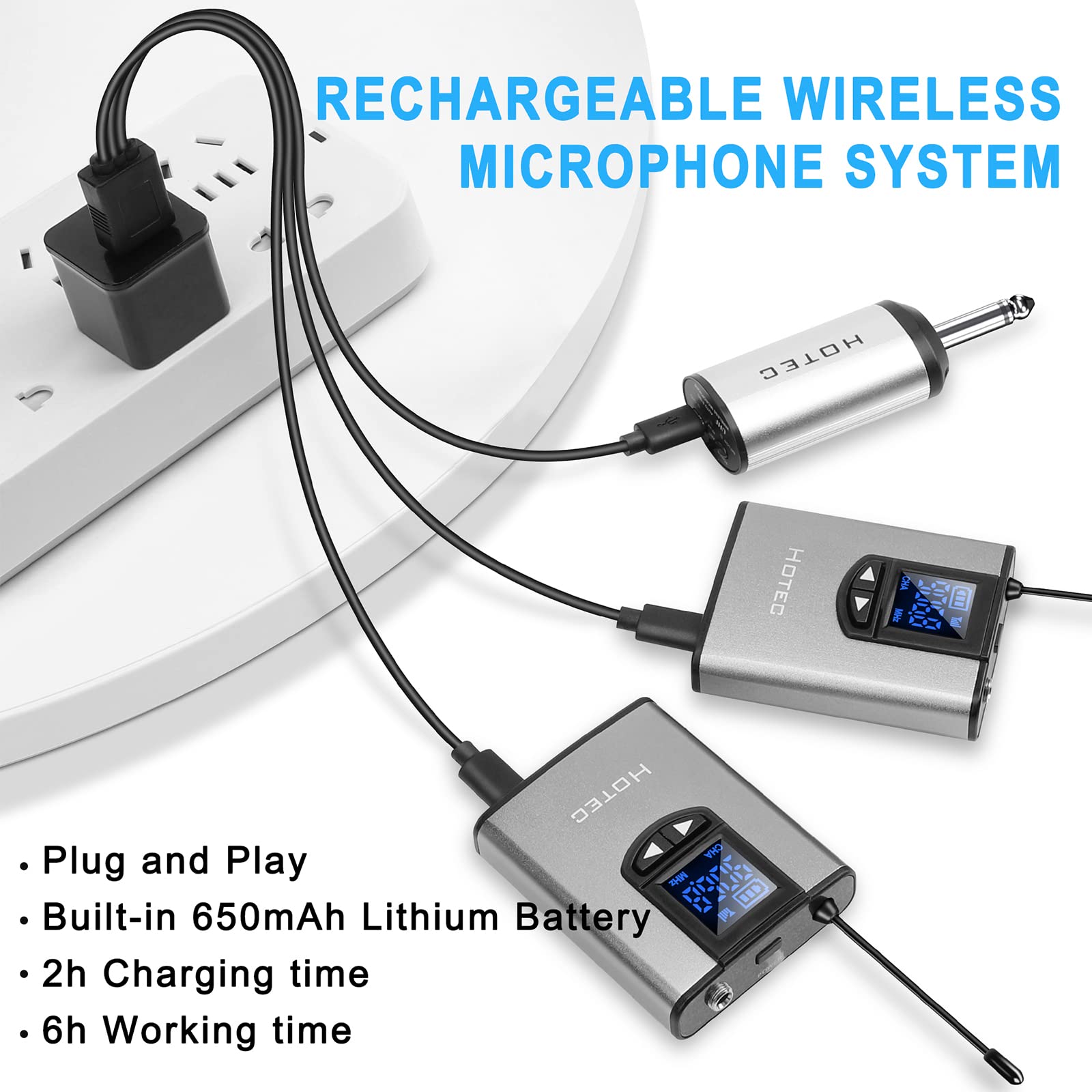Hotec Professional Wireless Microphone System - Dual Headset & Lavalier Lapel Mics with Bodypack Transmitters & Rechargeable Mini Receiver (1/4