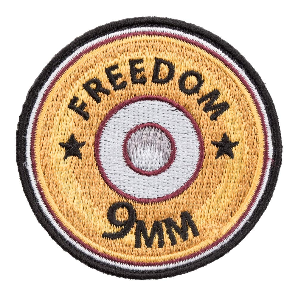 PatchStop 9MM Shell Gold Iron On Patches for Clothing & Jeans - 2.5 Inch Round DIY Sew On Embroidered Patches for Jackets, Bags & Hats - Decorative Ammunition Patches for Military Style, Cosplay & Biker Fashion