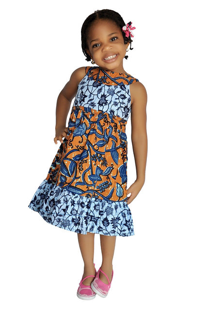 Stylish Blue and Brown African Print Dress for Girls - DPC484 - Perfect for Parties, School Events & Special Occasions