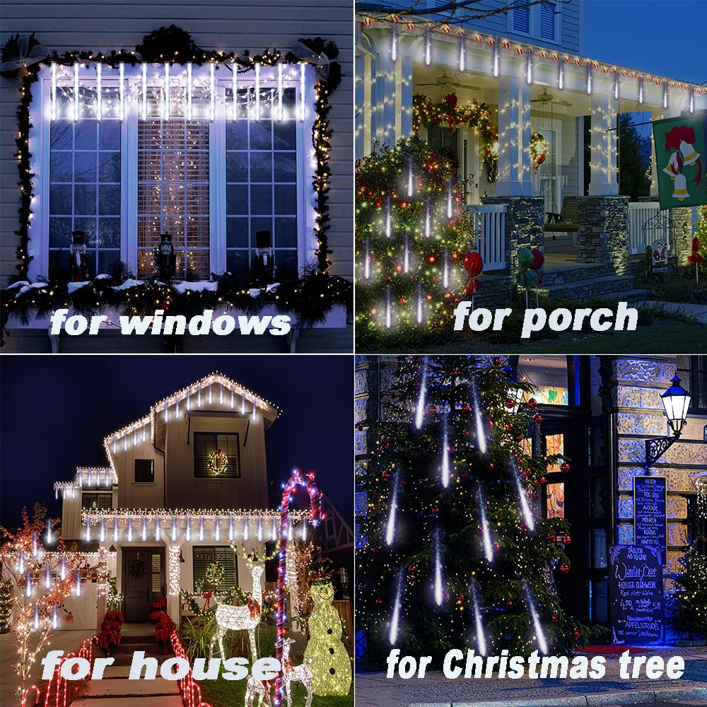 12 Inch 8 Tubes LED Meteor Shower Christmas Lights - Outdoor Waterproof Cascading Icicle Snow Falling String Lights for Holiday Decoration, Tree, Garden, Wedding & Party (White) - Perfect for Rooflines, Windows, Fences and Outdoor Holiday Displays
