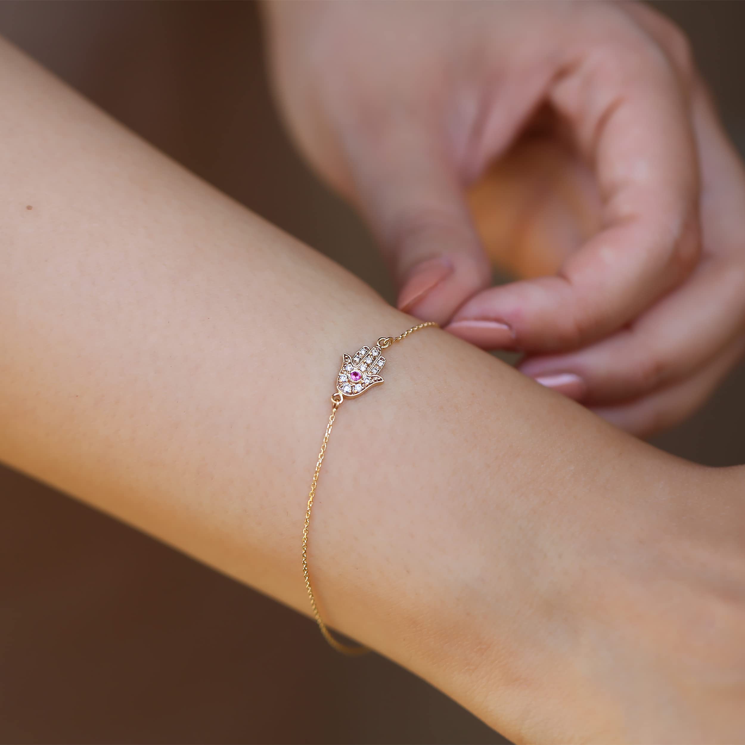 14K Gold Dainty Diamond Hamsa Bracelet - July Birthstone Ruby Charm - Spiritual Protection Jewelry - Perfect Gift for Women, Mom, Wife - Ideal for Everyday Wear, Meditation & Special Occasions