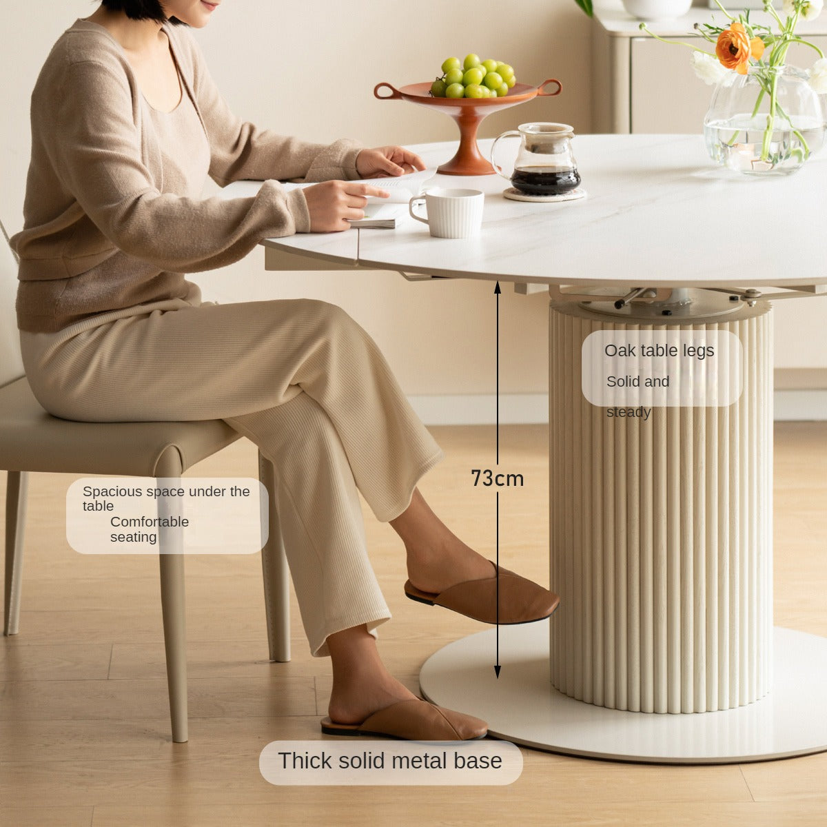 Solid Oak Wood Round Extendable Dining Table with Rock Plate Design - Cream Finish for Modern Dining Room & Kitchen Decor