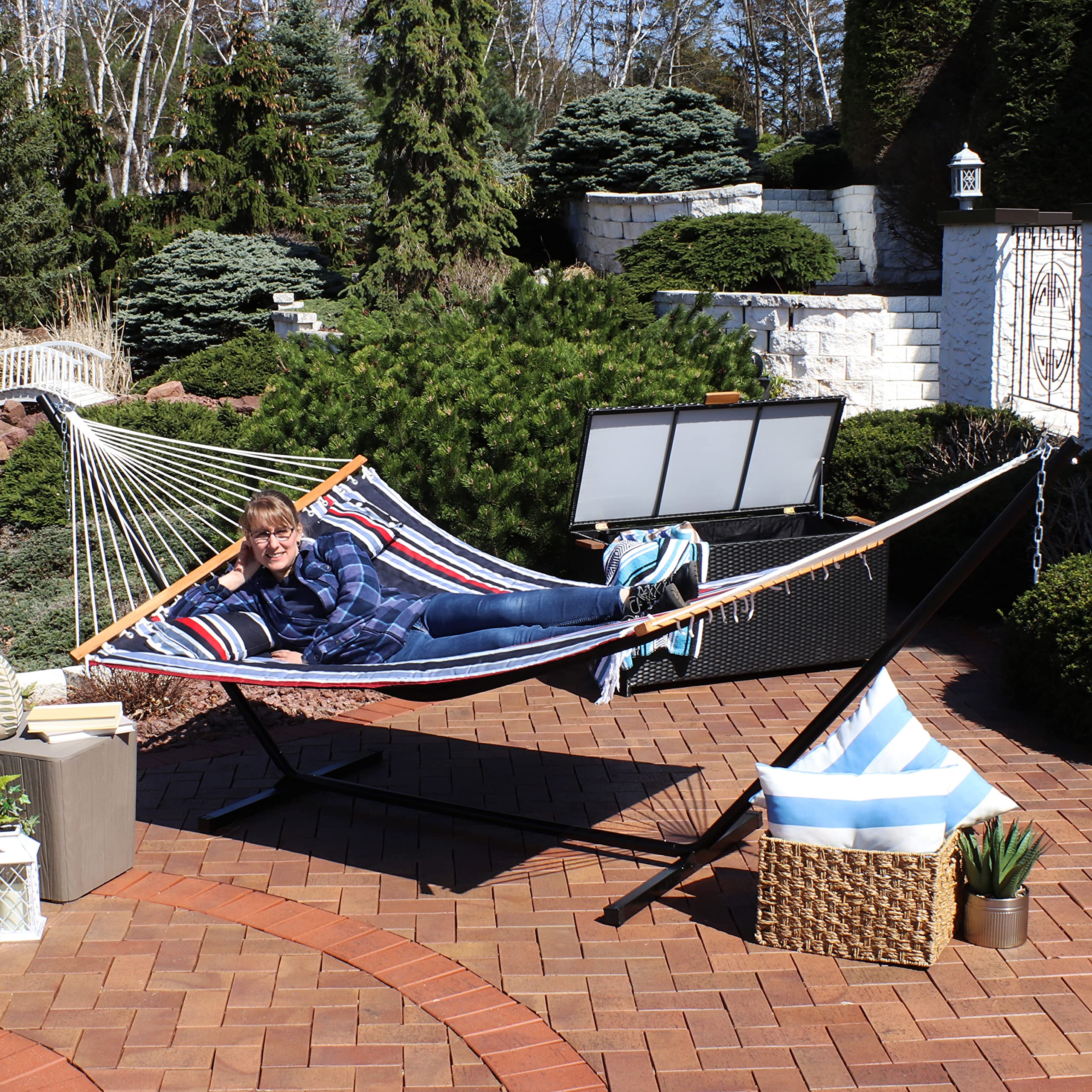 Sunnydaze Quilted Double Hammock with Stand for Outdoor Use - 350lb Capacity 2-Person Hammock with 12-Foot Steel Stand - Nautical Stripe Design - Perfect for Backyard, Patio, Beach & Camping Relaxation