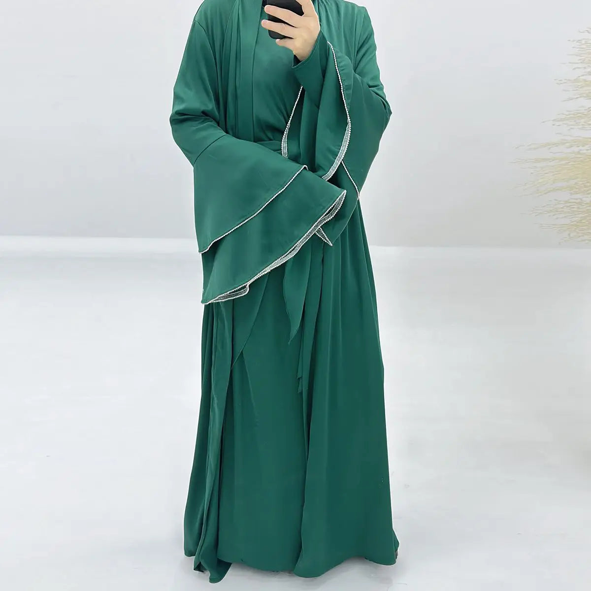 Elegant 3-Piece Satin Abaya Dress Set with Inner Dress & Midi Wrap - Perfect for Eid, Ramadan, and Special Occasions