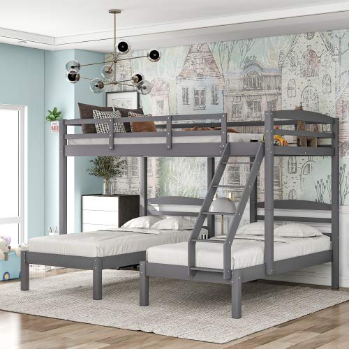 HERI Wood Triple Bunk Bed with Drawers & Guardrails - Space Saving 3 Twin Bunk Beds - No Box Spring Needed - Full Size - Gray - Perfect for Kids' Rooms, Dormitories & Vacation Homes
