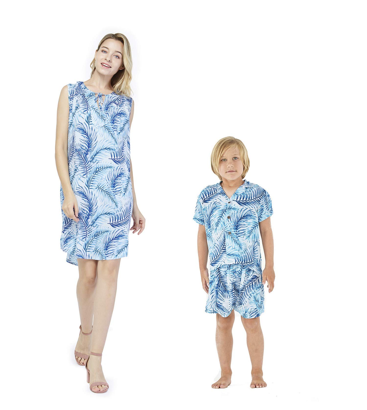 Matching Mother and Son Hawaiian Luau Outfits - Tropical Blue Leaf Print Aloha Shirt & Dress Set for Beach Party, Family Vacation, and Summer Photoshoot