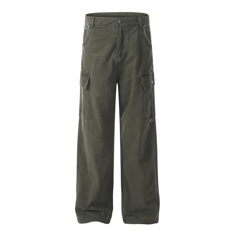 Vintage American Style Men's Overalls - Washed Denim with Rough Edge Design, Trendy Cargo Pants with Multiple Pockets, Straight Fit for Work & Outdoor Activities | 9C6623