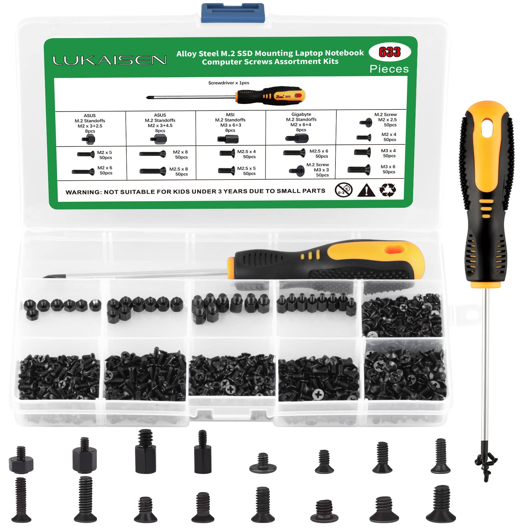 M.2 Screw Kit - 633PCS NVMe SSD Mounting Screws Set (M2/M2.5/M3) - Black Carbon Steel Laptop & Motherboard Screws with Screwdriver - Compatible with Asus, Gigabyte, MSI, Dell, HP, IBM - Perfect for PC Building, SSD Installation & Computer Repair