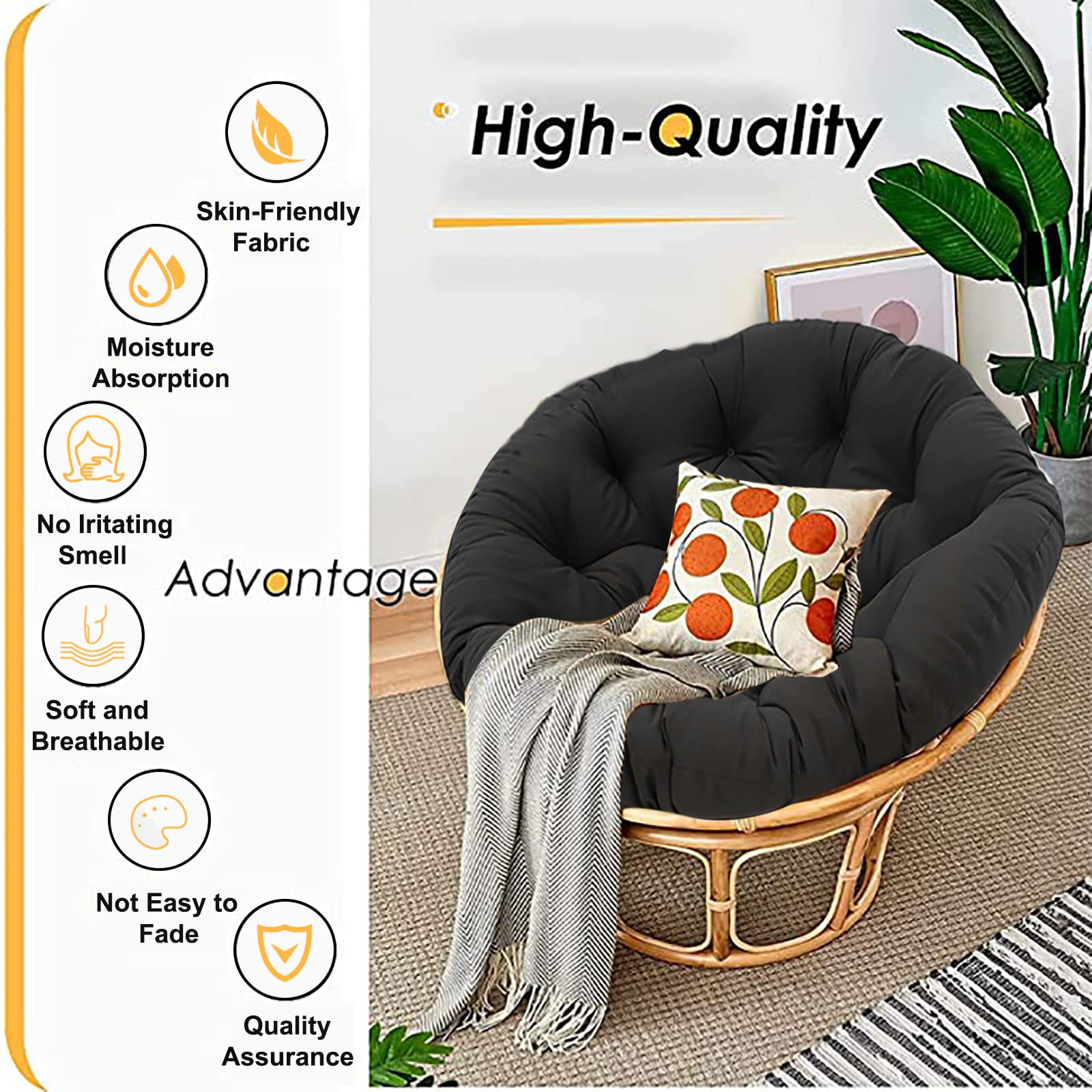 Premium Papasan Chair Cushion - Extra Thick 5XL Black Replacement Pad for Egg, Saucer, Rattan, Swinger & Hanging Chairs - Indoor/Outdoor Use - Perfect for Patio, Sunroom, Nursery & Relaxation Spaces
