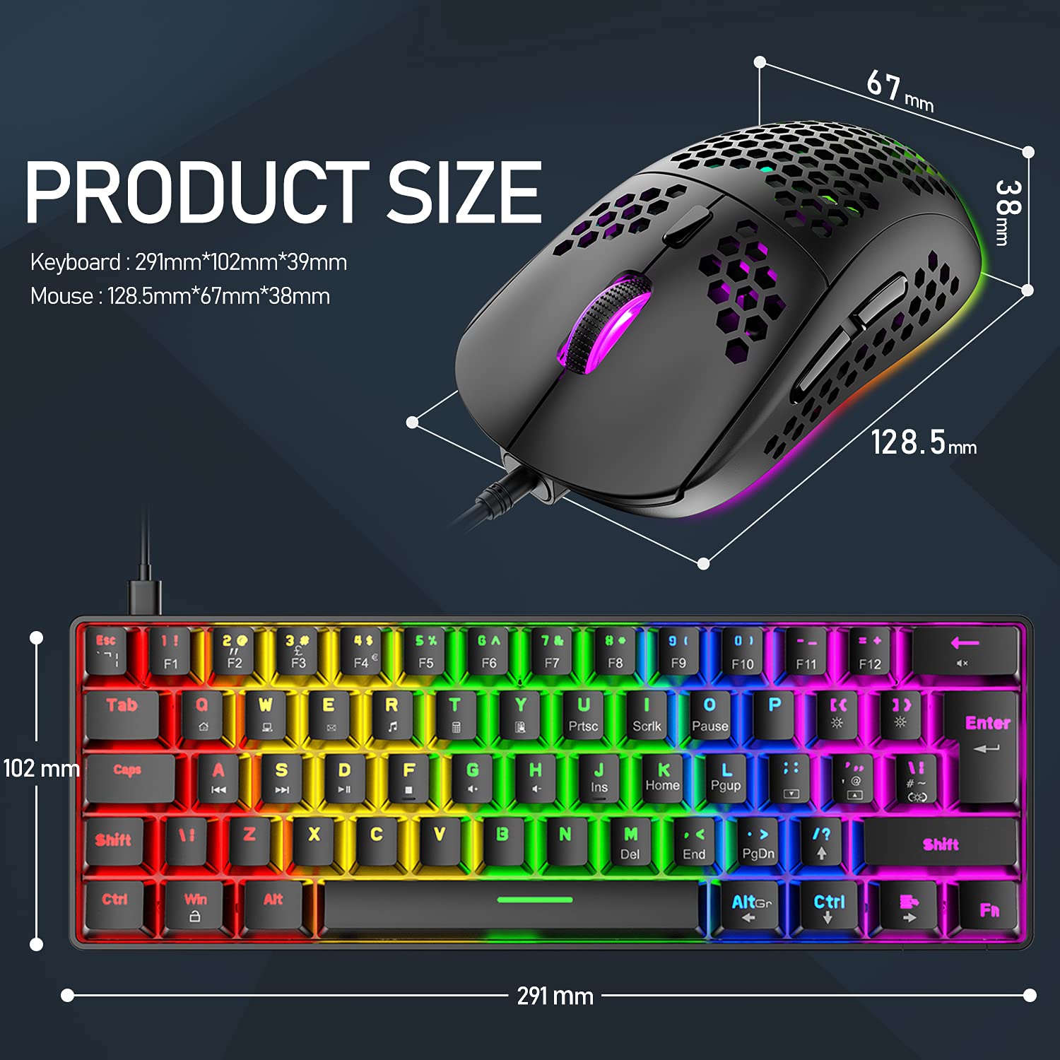 60% Wired Mechanical Gaming Keyboard & Mouse Combo - RGB Backlit for PC/Mac Gaming