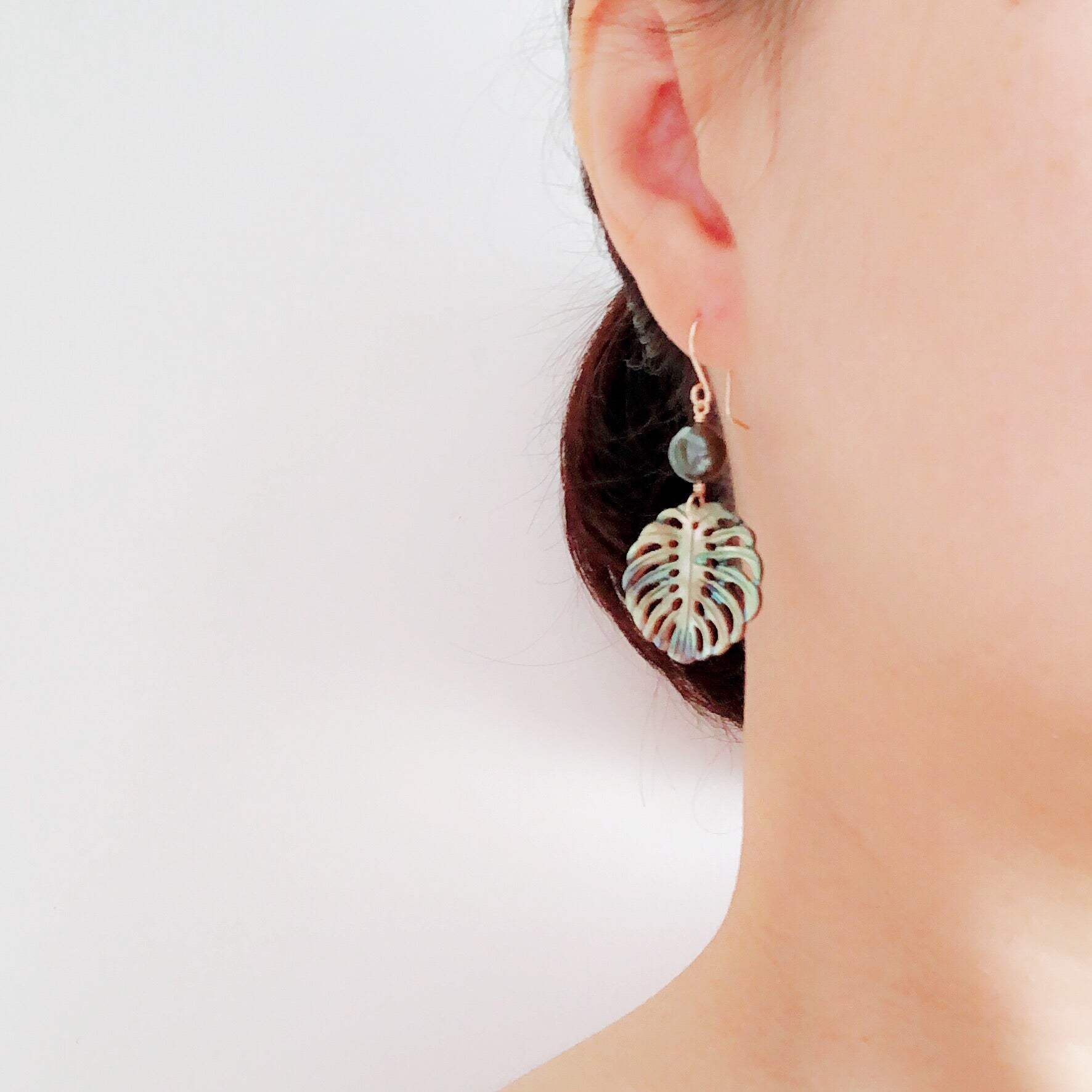 Small Abalone Shell Monstera Leaf Earrings with Tahitian Pearl - Handmade Boho Jewelry for Women, Perfect for Beach Weddings & Summer Fashion (E541)