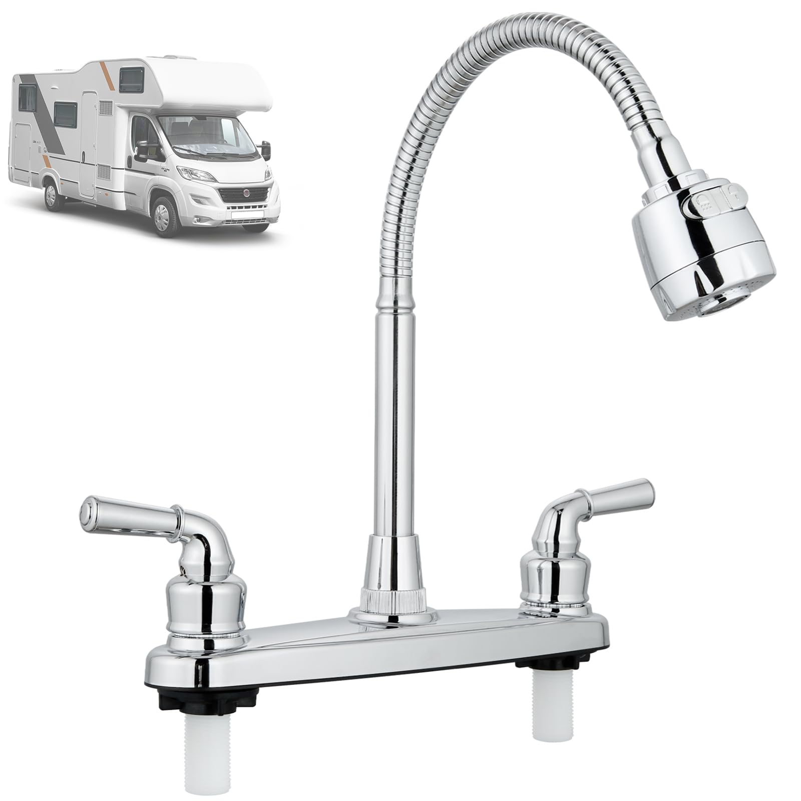 360° Swivel RV Kitchen Faucet - 8 Inch Deck Mount Camper Sink Faucet with Flexible Spout, Polished Chrome Water Mixer Tap for Motorhome, Travel Trailer & Tiny House (Perfect for Outdoor Cooking & Compact Spaces)