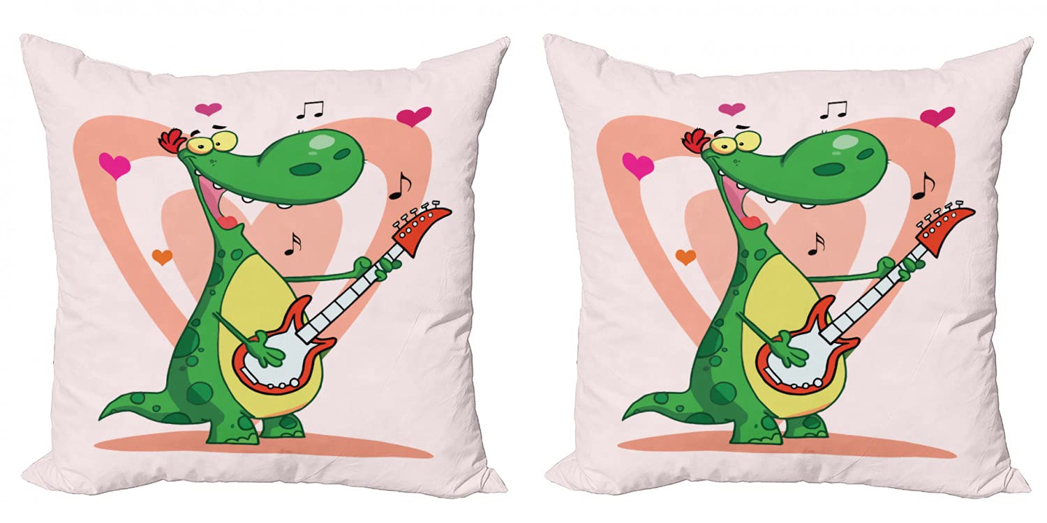Ambesonne Guitar Throw Pillow Cover Set of 2 - Cartoon Happy Dinosaur Playing Instrument with Romantic Hearts Back Design - Double-Sided Zippered Digital Print Decor 24