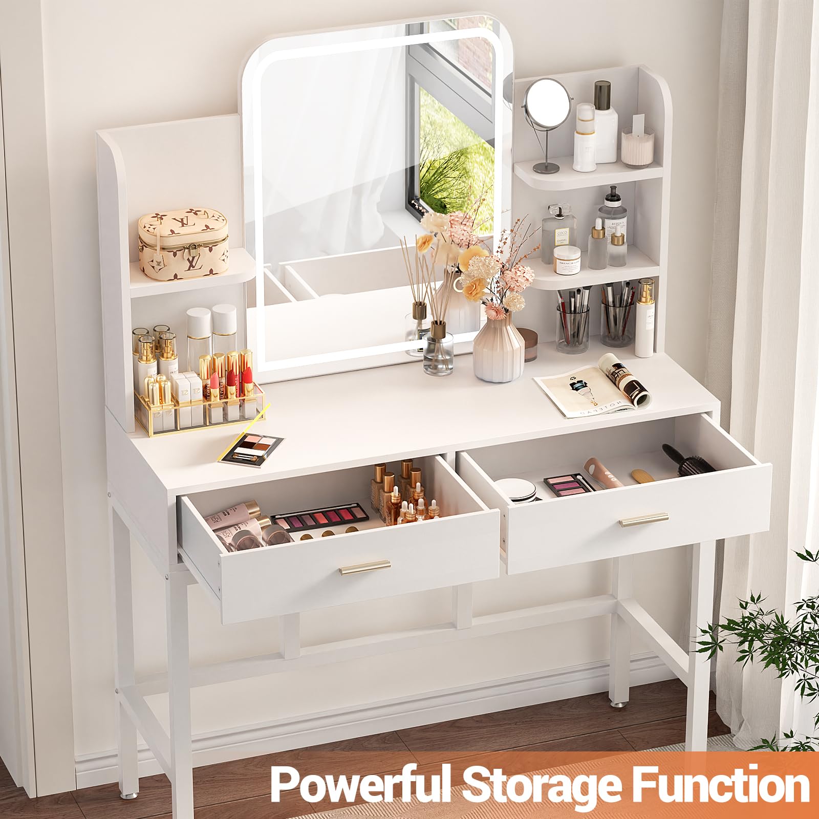 Vanity Desk with LED Mirror & Storage - Adjustable Brightness Makeup Dressing Table for Women & Girls, White (Bedroom, Beauty Salon, Home Decor)
