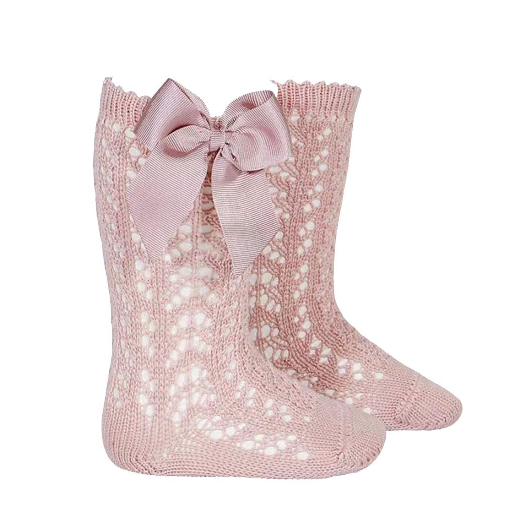 Baby Girl Knee High Socks - Lace Hollow Out Bows Knit Stockings Non-Slip Calf Socks for Toddler & Kids - Perfect for School, Dress Up, and Special Occasions