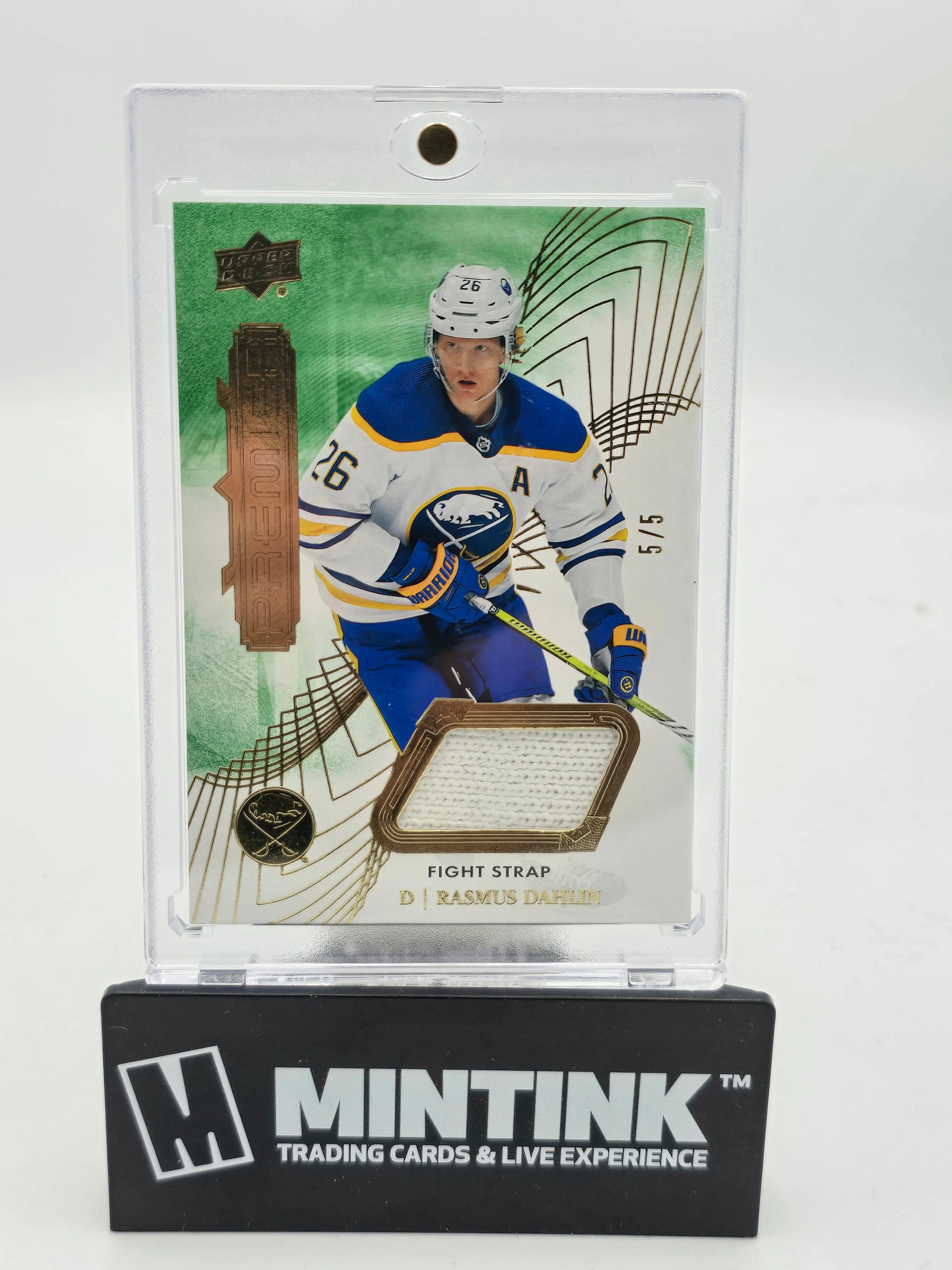 2022-23 Upper Deck Premier Hockey Rasmus Dahlin Green Gold Foil Fight Strap 5/5 - Rare Hockey Card for Collectors & NHL Fans - Perfect for Trading, Display & Investment