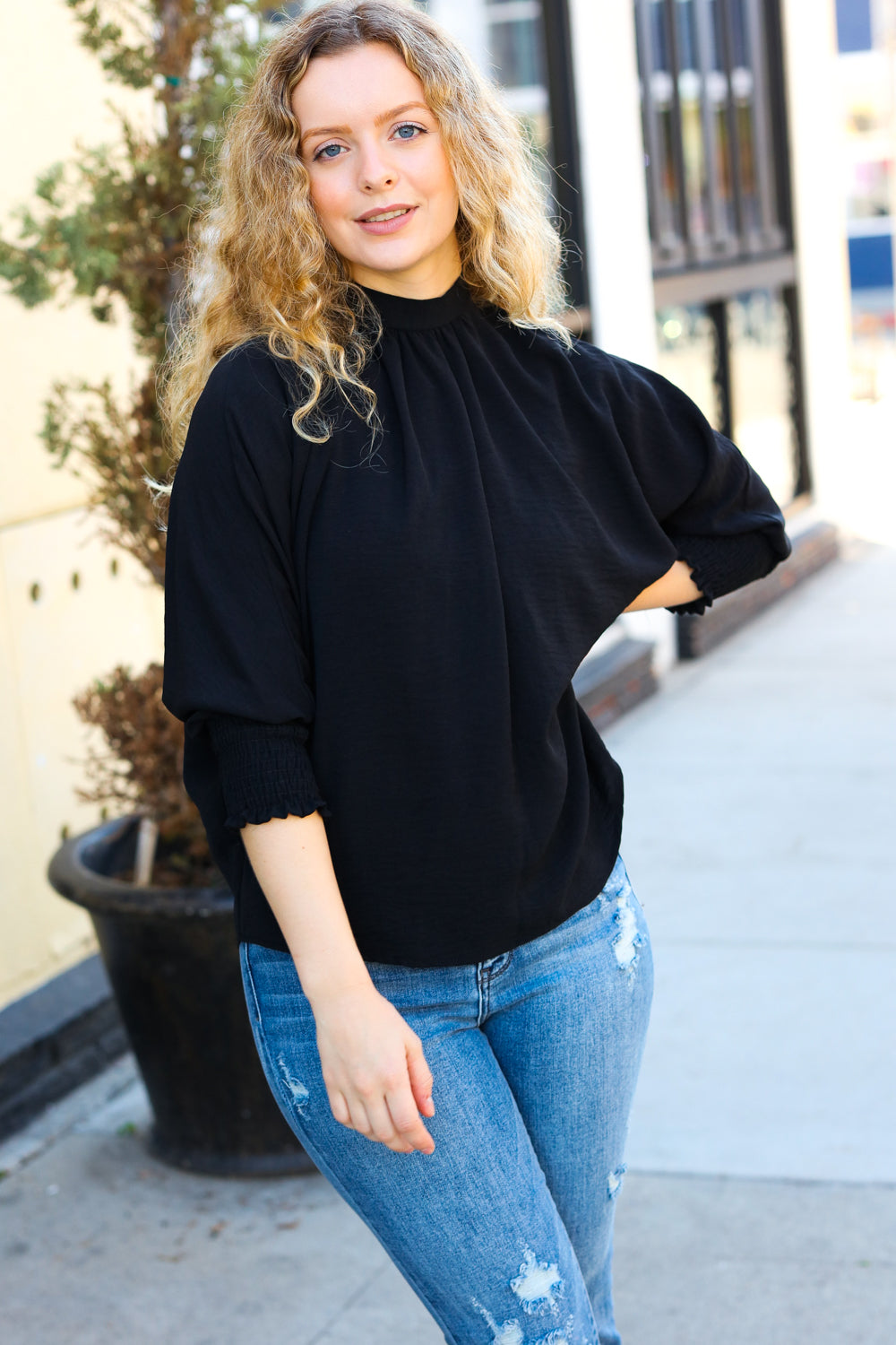 Black Smocked Three-Quarter Sleeve Tie Back Top for Women | Elegant Blouse for Date Night, Brunch & Summer Outfits | Flattering Casual & Dressy Tops