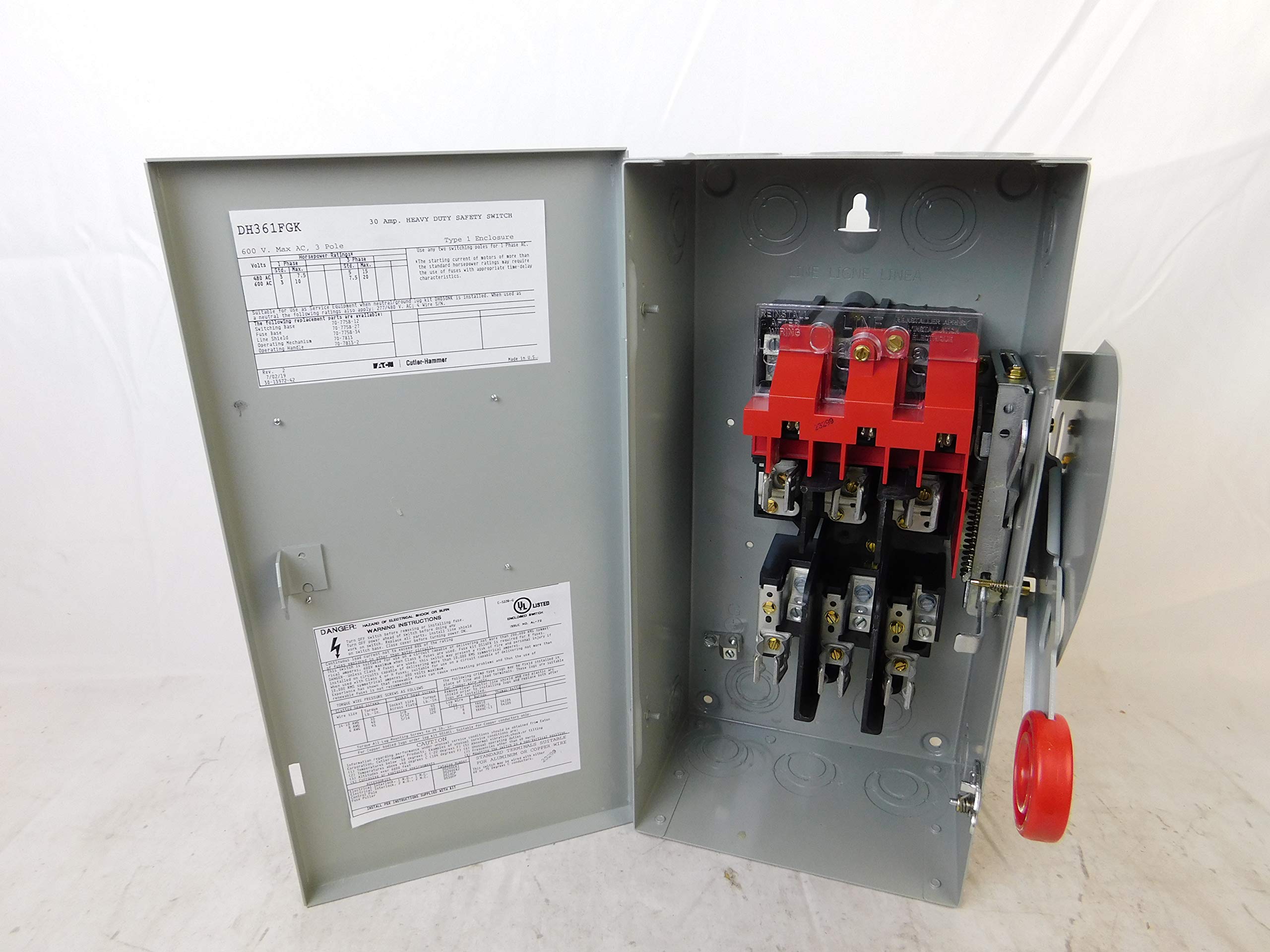 Eaton DH361FGK 600VAC/250VDC 3PST 30A Safety Switch - Heavy Duty Industrial Electrical Disconnect for Panelboards & Motor Control Applications