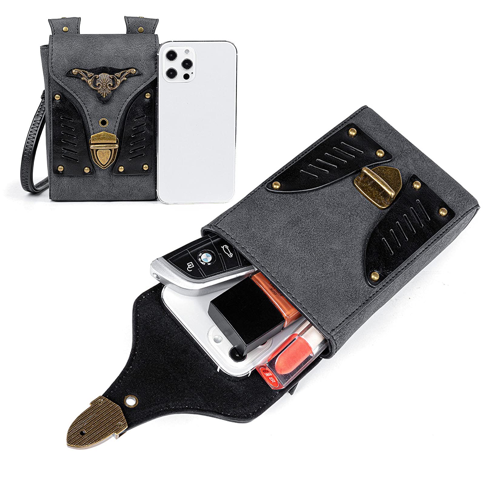 Vintage Leather Crossbody Bag - Small Shoulder Purse with Belt Pouch for Travel, Phone Holder - Perfect for Medieval Festival Costumes, Punk Fashion & Daily Use