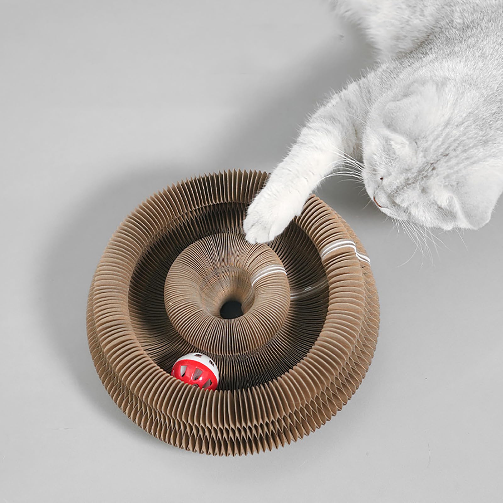 FOTN Kitty Kurlz Interactive Cat Toy with Bell Ball - Foldable Accordion Shape Cardboard Scratcher for Indoor Cats - Anxiety Relief & Exercise Toy - Perfect for Playtime, Training & Stress Relief (1PC)