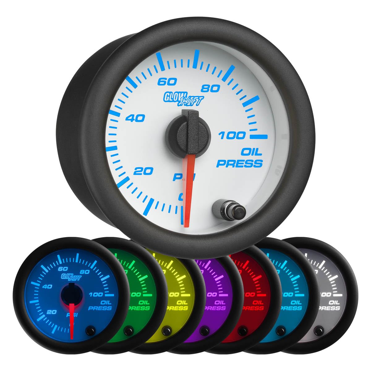 GlowShift 7-Color White Oil Pressure Gauge Kit with Electronic Sensor - 100 PSI, 2-1/16