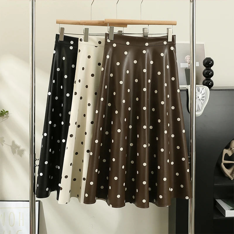 Elegant French Chic Women's Long Skirts - Dot Print A-Line High Waist Leather Skirt | Stylish Streetwear & Autumn Fashion | Perfect for Office, Dating & Casual Outfits