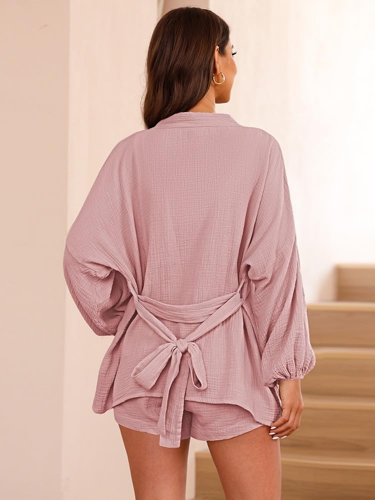 Fixmatti Women's 2-Piece Summer Outfit - V-Neck Long Sleeve Top & High Waisted Shorts Lounge Set with Belt | Casual Wear, Home Comfort, Vacation Outfit