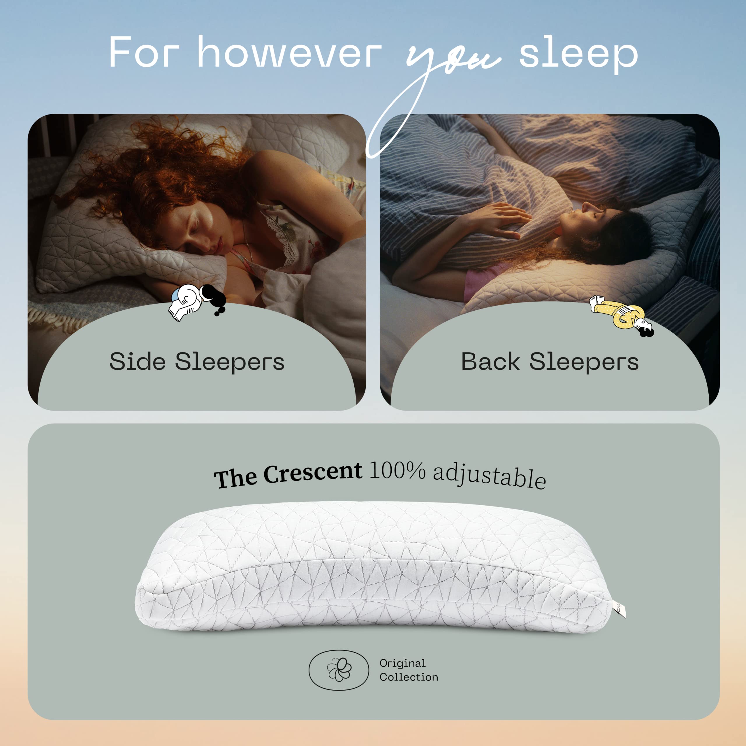 Coop Home Goods Original Crescent Adjustable Pillow - Queen Size Memory Foam Pillow for Shoulder, Neck & Head Support - Medium Firm Orthopedic Pillow for Back & Side Sleepers - CertiPUR-US & GREENGUARD Gold Certified - Perfect for Home, Office & Travel Use