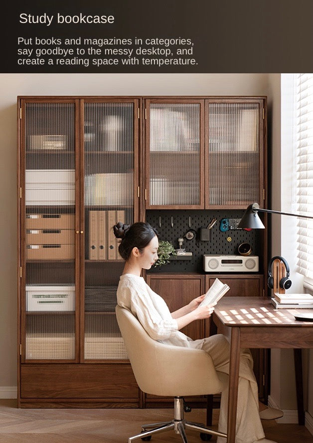 Solid Black Walnut Wood Bookcase with Glass Doors - Stylish Display & Storage Cabinet for Living Room, Office, or Library