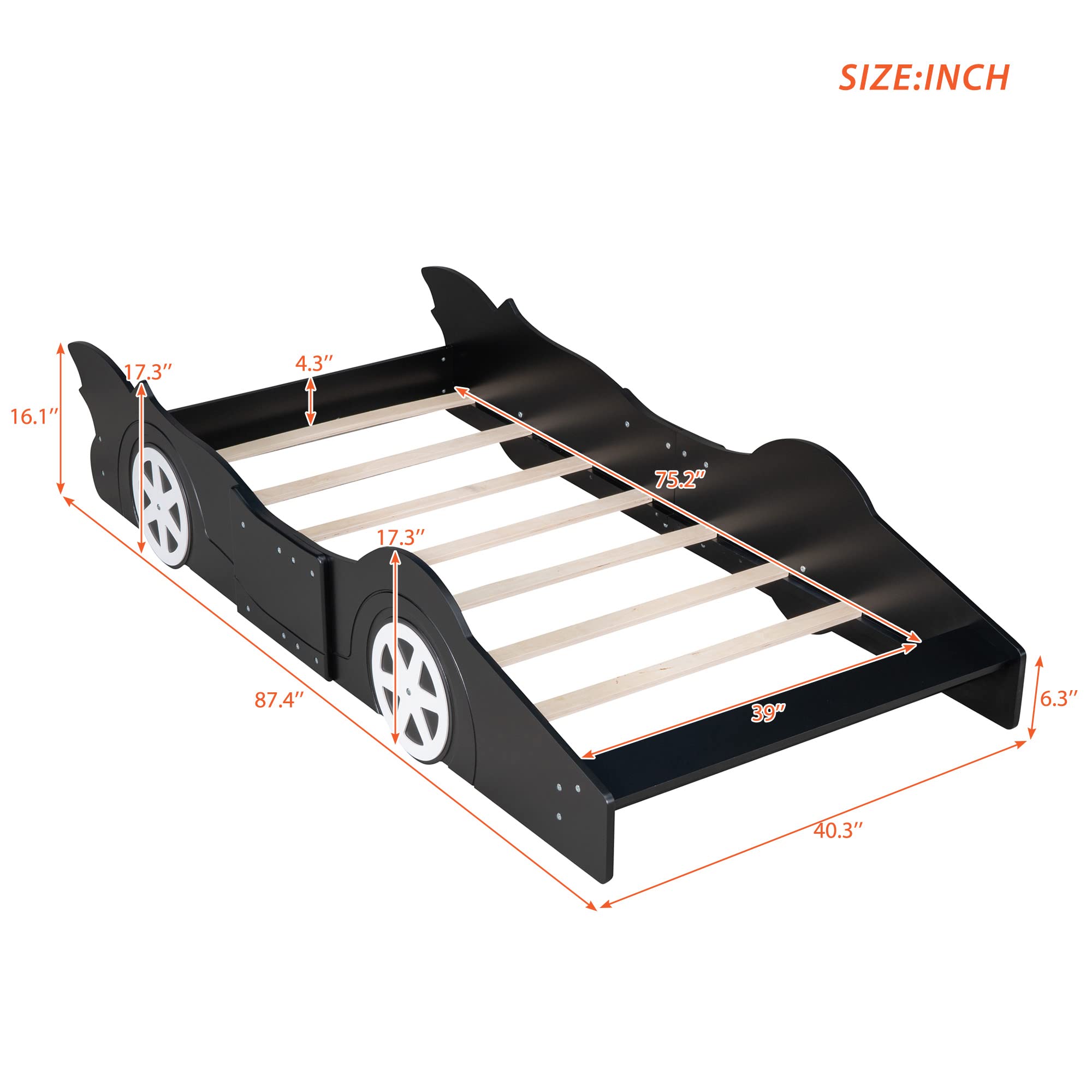 Race Car Twin Size Platform Bed Frame - Wooden Car Shaped Bed with Wheels for Kids Boys & Girls, Lightning McQueen Style Bed, No Box Spring Needed (Black+White) - Perfect for Kids' Bedroom, Playroom & Themed Decor