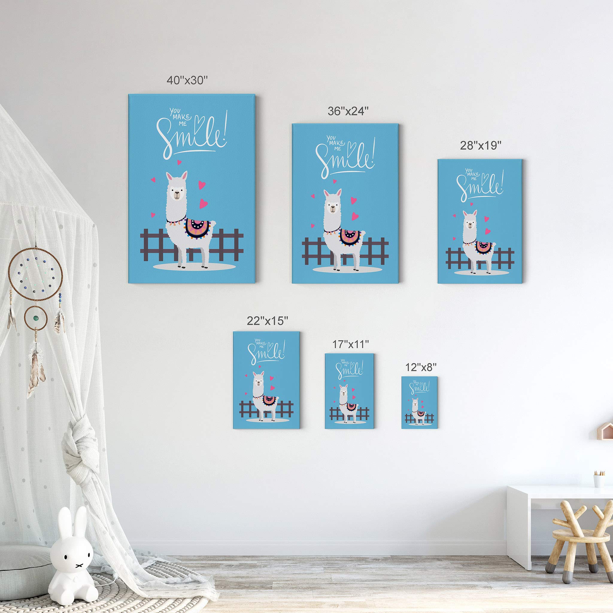 Smile Art Design - Cute Alpaca Illustration Canvas Print for Kids Room Decor | Blue Background Wall Art for Nursery & Baby Room | Ready to Hang 28x19 | Made in USA | Perfect for Birthday Gifts & Playroom Decor