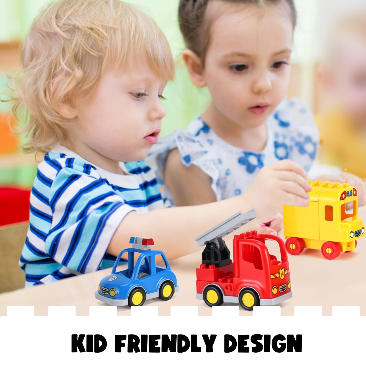 Liberty Imports 4-Pack City Vehicles Transportation Toy Set - Police Car, Fire Truck, School Bus & Motorcycle | Compatible with LEGO DUPLO Blocks | STEM Learning Toys for Toddlers & Kids | Perfect for Pretend Play & Early Education
