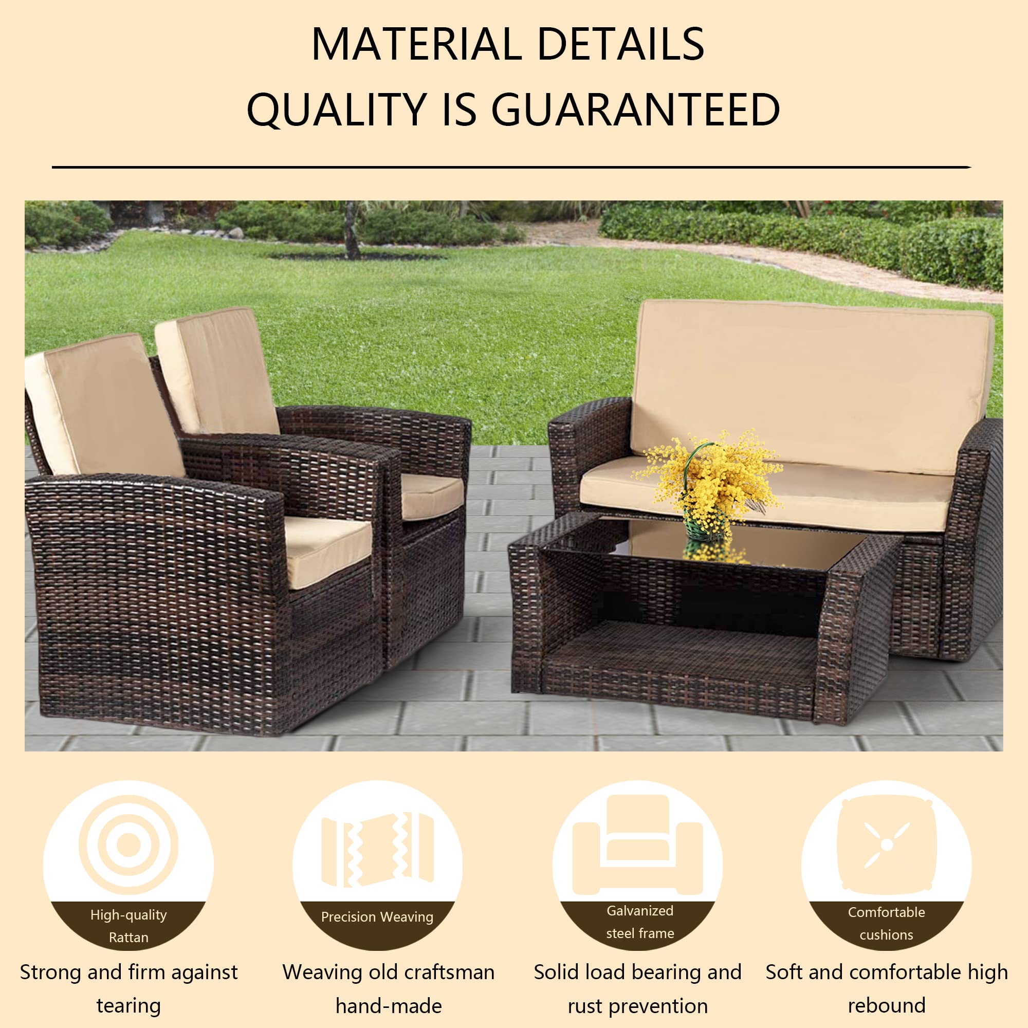 4-Piece Outdoor Patio Conversation Set - PE Rattan Wicker Sofa Furniture with Cushions & Glass Coffee Table for Garden, Balcony, Porch - Perfect for Backyard Relaxation & Outdoor Entertaining